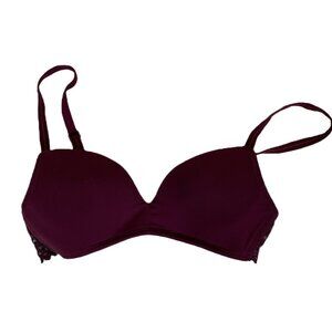Wacoal b.tempt’d Tied in Dots Wireless Push-Up Plunge Bra Size 32B Burgundy